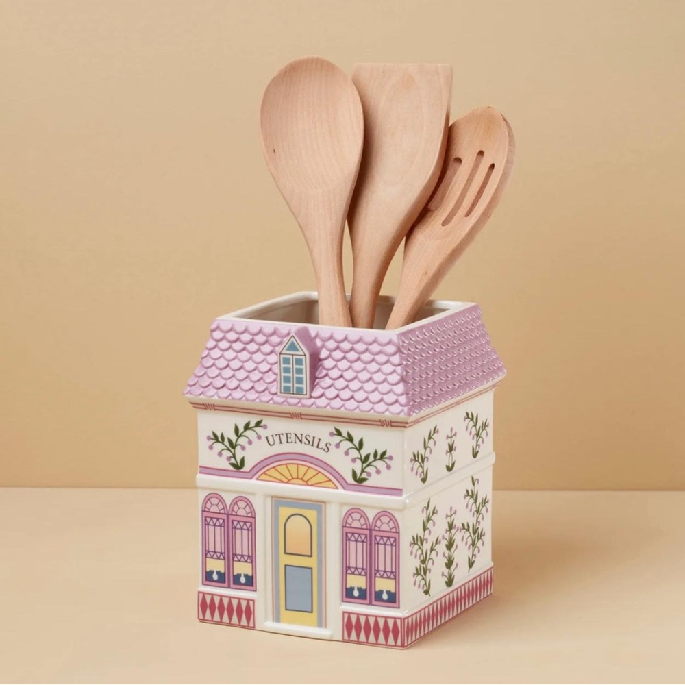 Lenox Pink and Cream Utensil Holder with Wooden Spoons